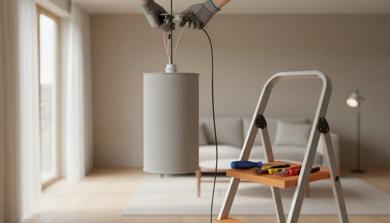 En håndværker monterer en lang pendellampe i loftet med synlig E27-fatning og værktøj på en skammel.