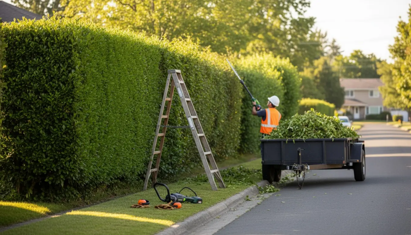 En person trimmer en høj hæk ud mod vejen med en stang-hækkeklipper, og afklip ligger i en åben trailer.