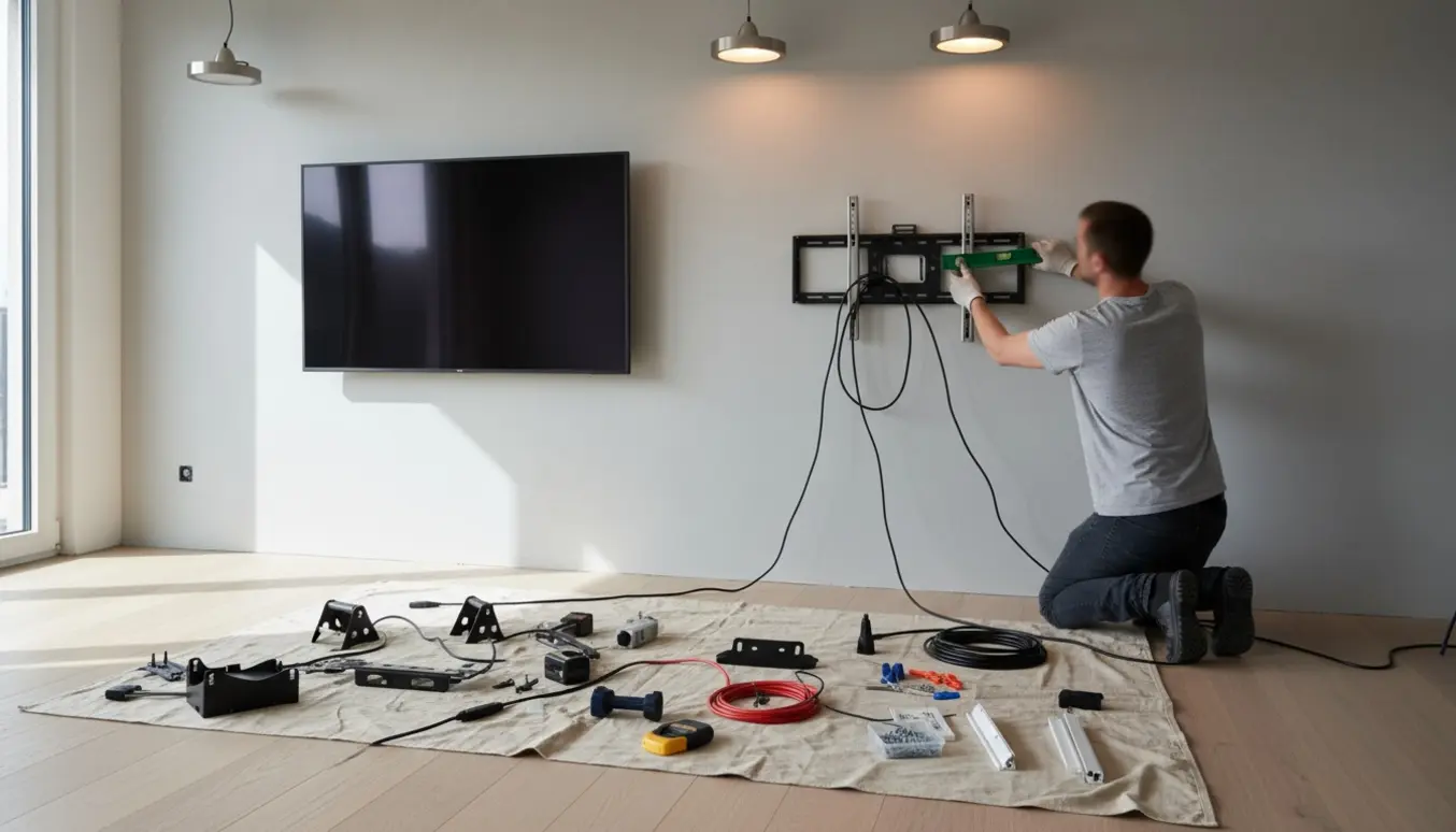 To vægmonterede TV'er og fire nye lamper monteres i en moderne stue.