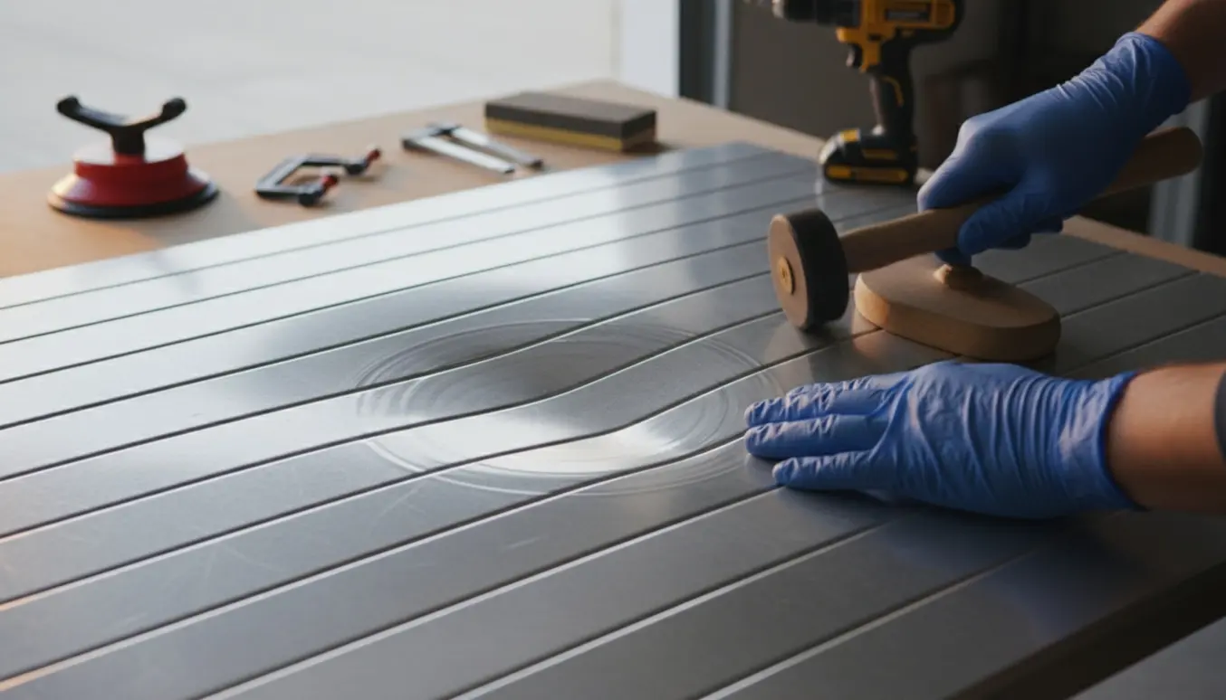 Håndværker retter en bølget aluminiumsplade på en garageport med dolly og planeringshammer.