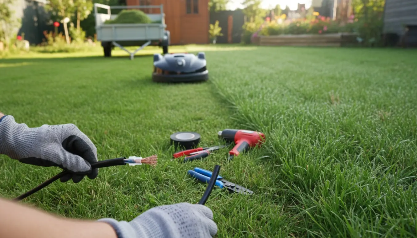 Hænder reparerer afklippet kabel på en robotplæneklipper foran en nyslået stribe græs og en trailer med græsaffald.