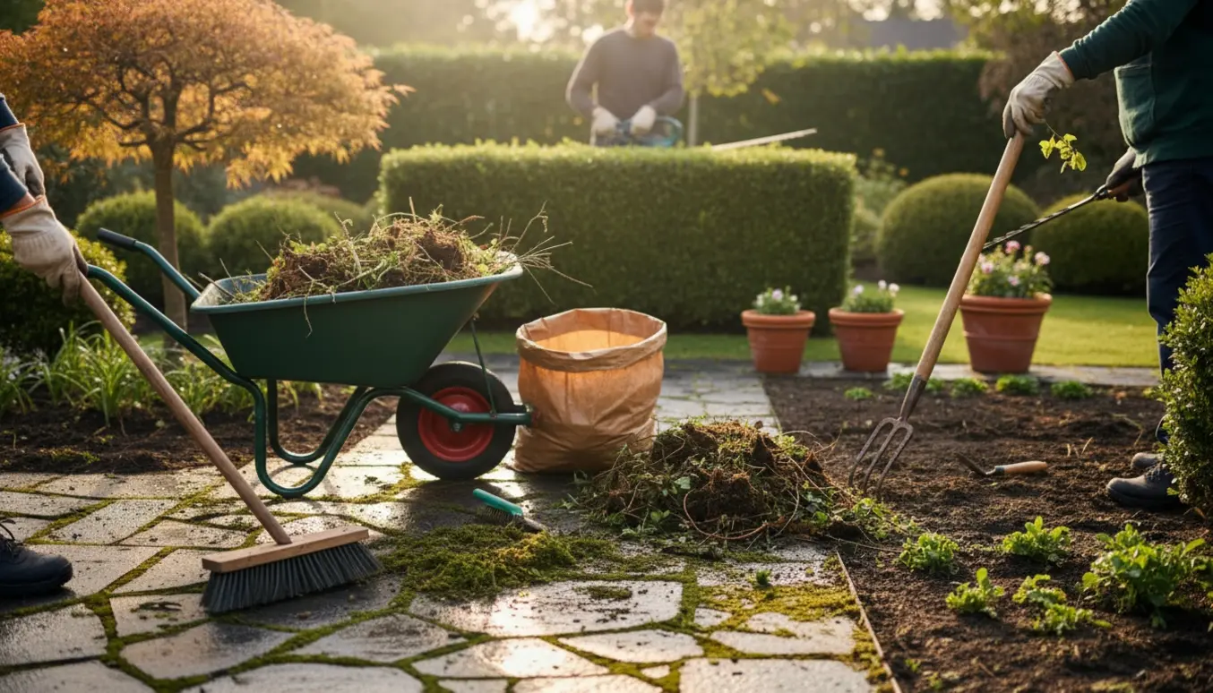 Rensning af fliser, beskæring af hæk og fjernelse af ukrudt i en velholdt baghave.