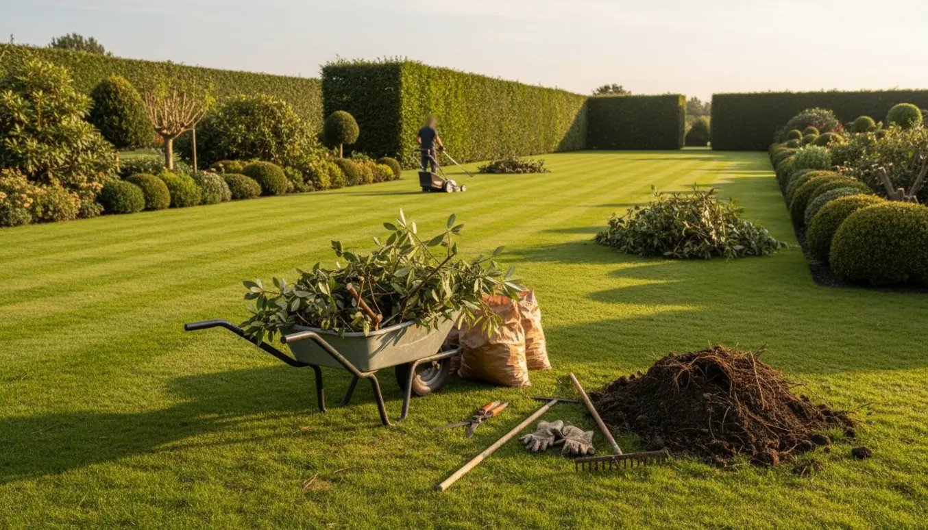 Stor have i arbejde med nyslået græs, lang hækkeklipning, beskårne rhododendroner og haveaffald i en trillebør.