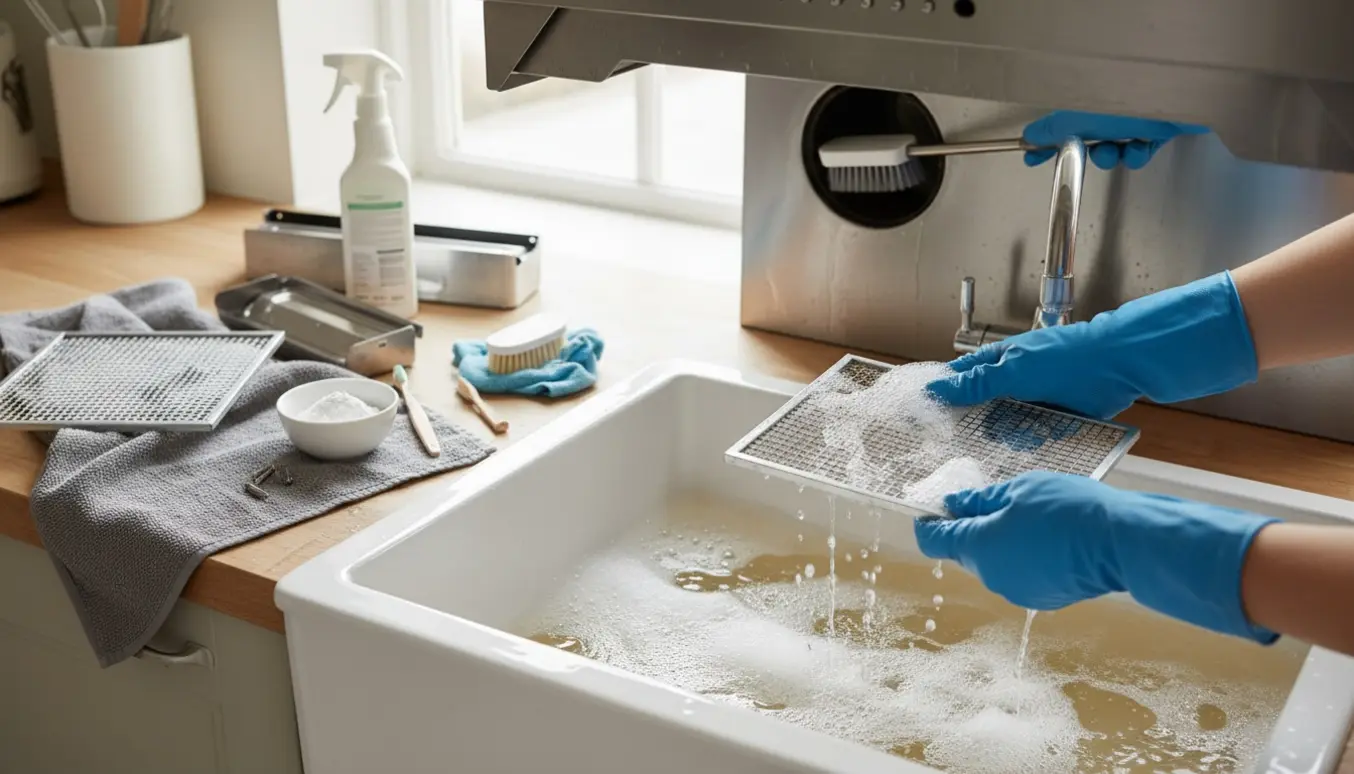 Nærbillede af handsker, der skrubber et emhættefilter i køkkenvasken med rengøringsmidler og børste.