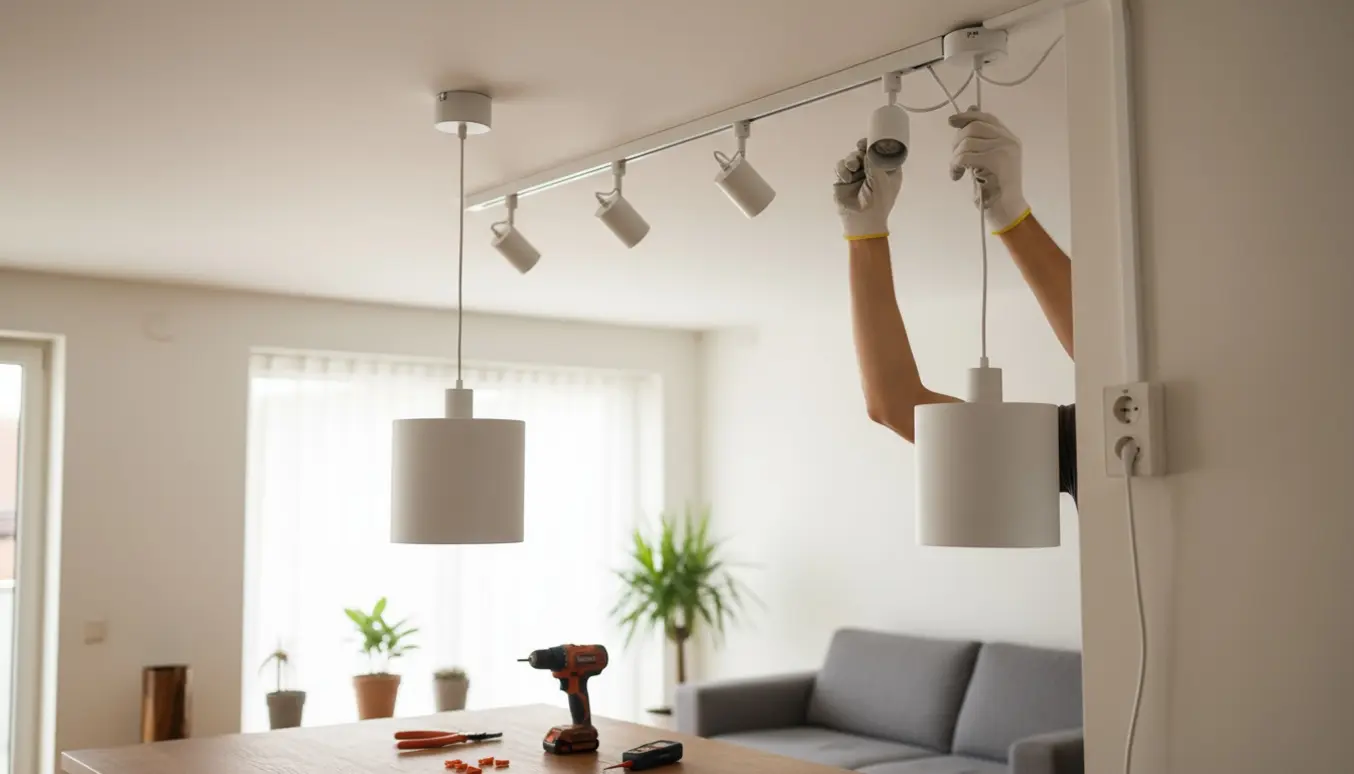 Hænder monterer en 40 cm pendellampe og en 220 cm skinne med fire spots i loftet med hvide ledninger og værktøj tæt ved.