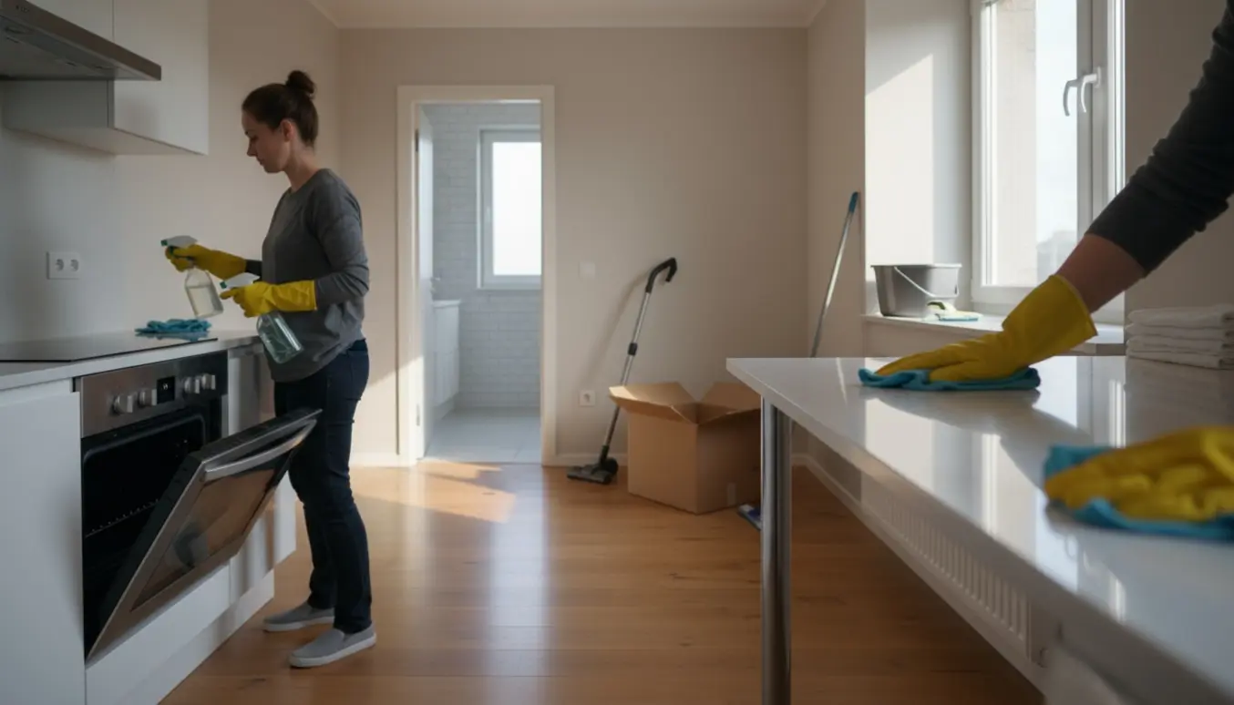 Lejlighed under flytterengøring med rengøringsredskaber, en person set bagfra og skinnende ovn og vinduer.