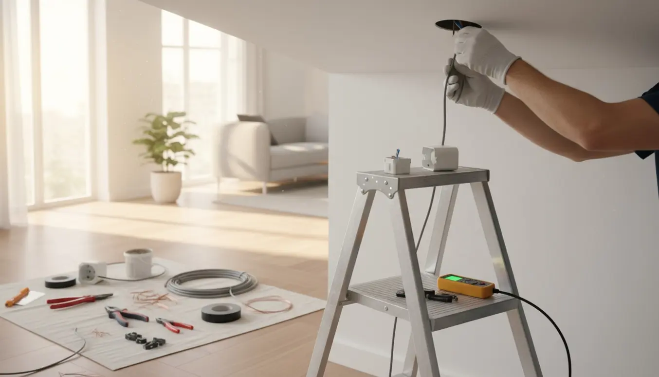 Handsker og værktøj på en stige mens et lampeudtag flyttes fra væg til loft i en lys stue.