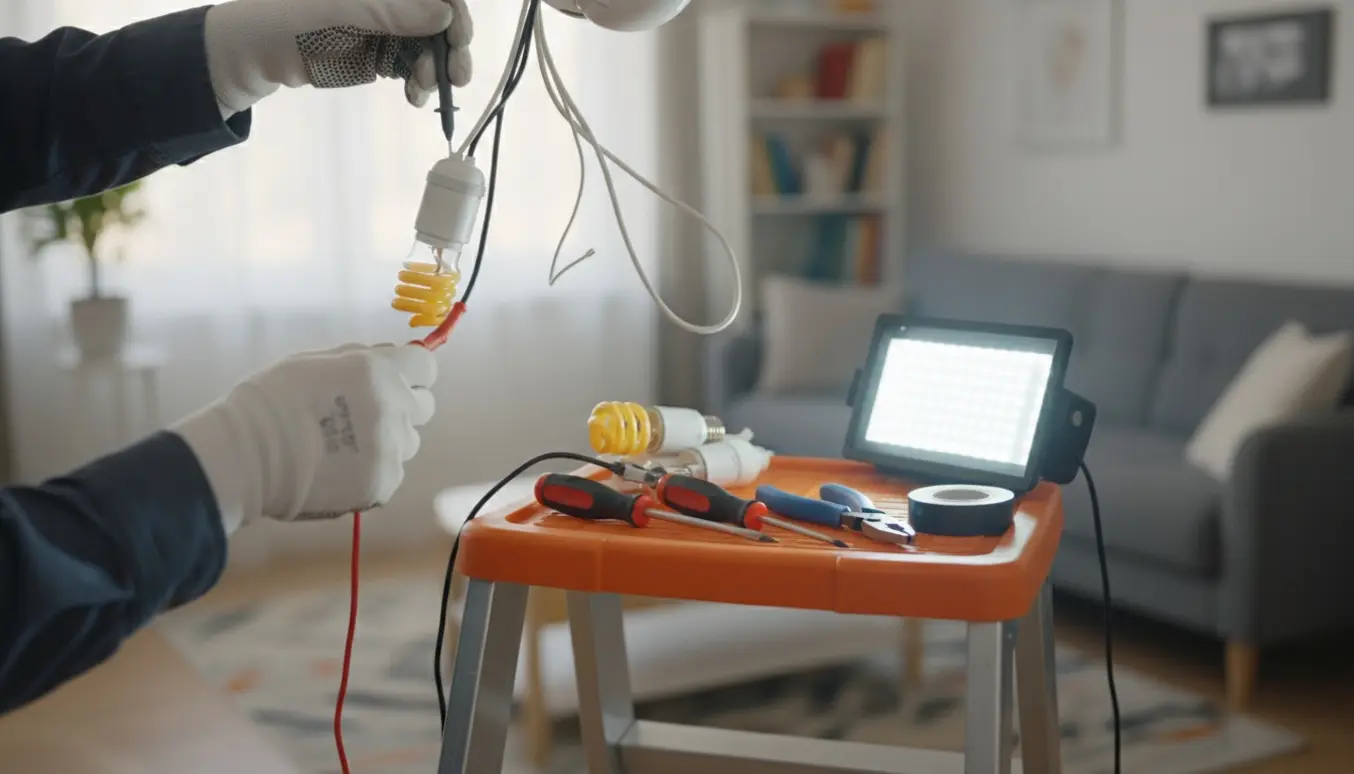 En person tester en afmonteret loftslampe med multimeter og værktøj på en stige.