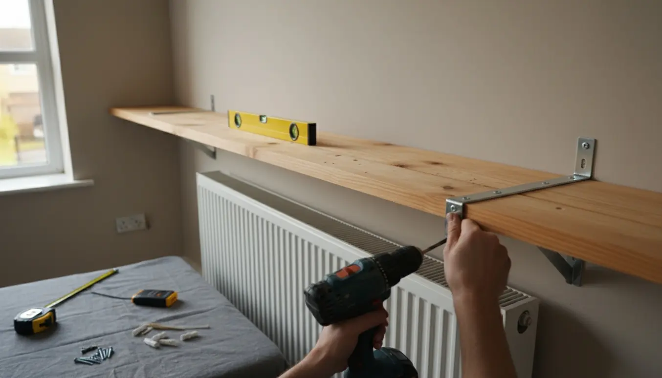 Hænder monterer en lang fyrretræshylde over en hvid radiator med værktøj og vaterpas i naturligt dagslys.