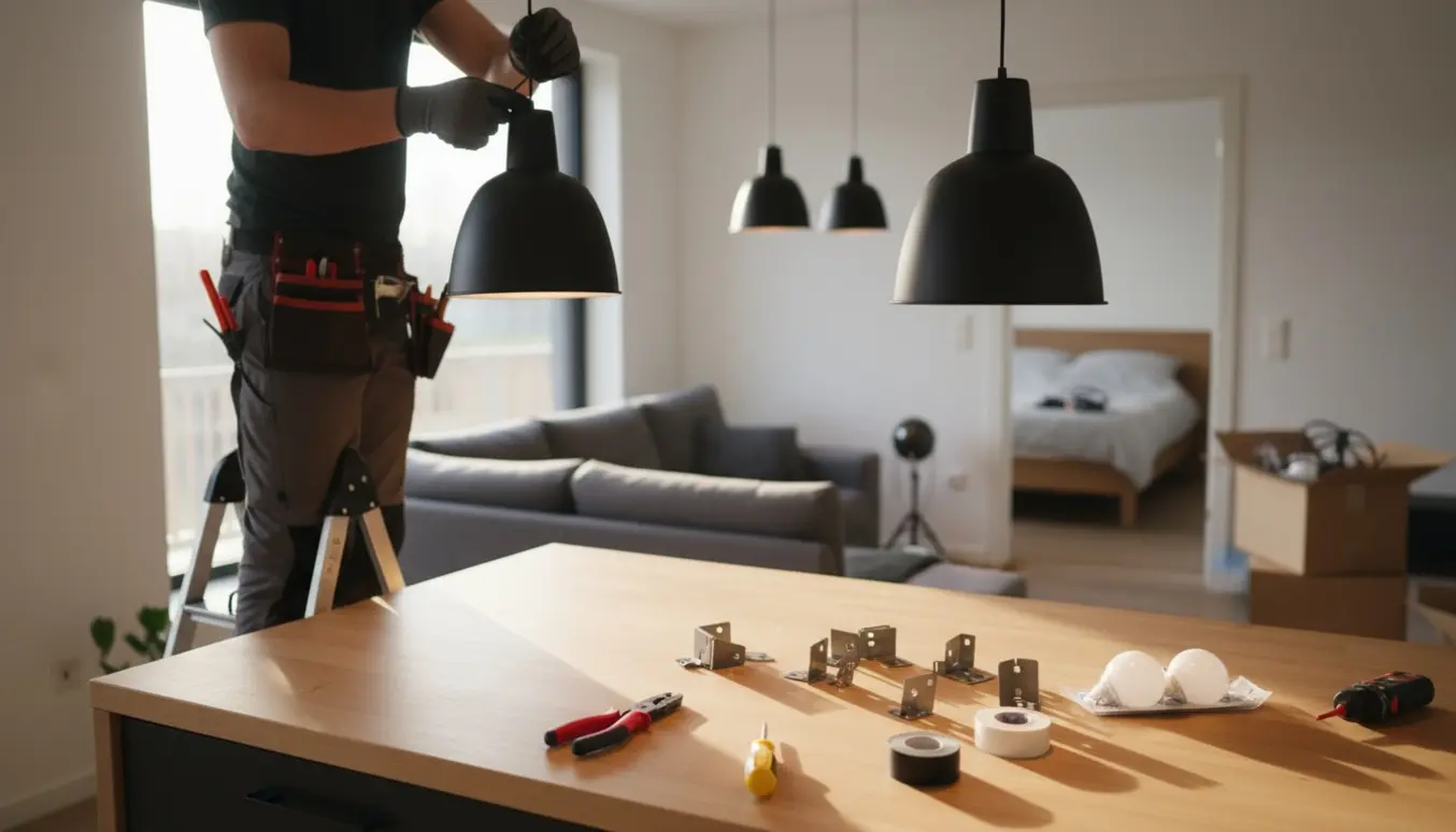 En elektriker hænger pendler over et køkkenø med værktøj og en lampe i stuen i baggrunden.
