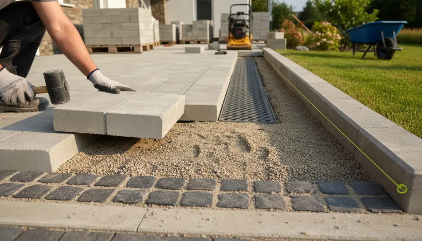 Nærbillede af opbygning af indkørsel med betonfliser, kantsten og afløbsrende på en skrånende grund.