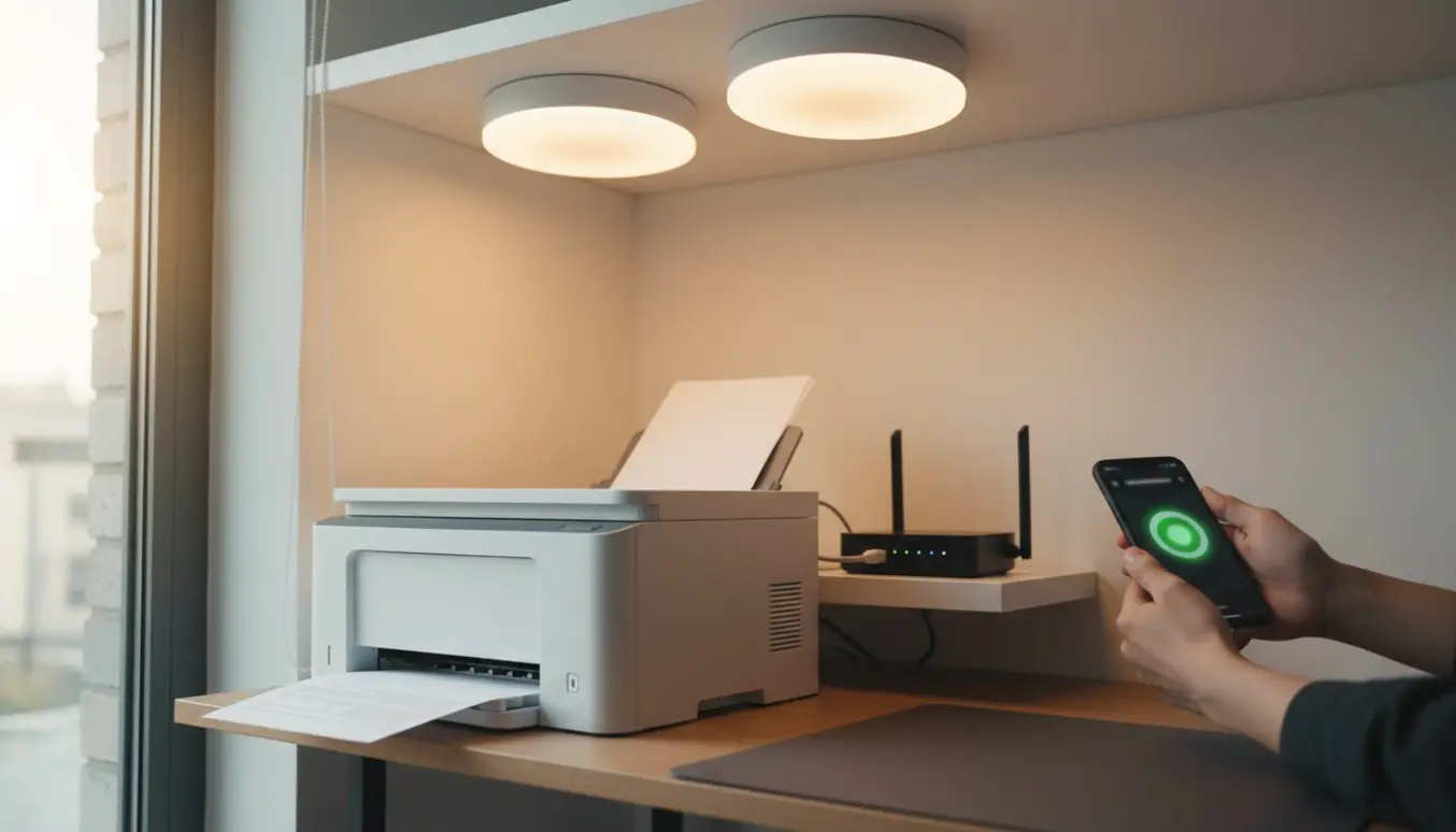 Hænder genforbinder smart lofterlamper og en printer til routeren i et lyst hjemmekontor.