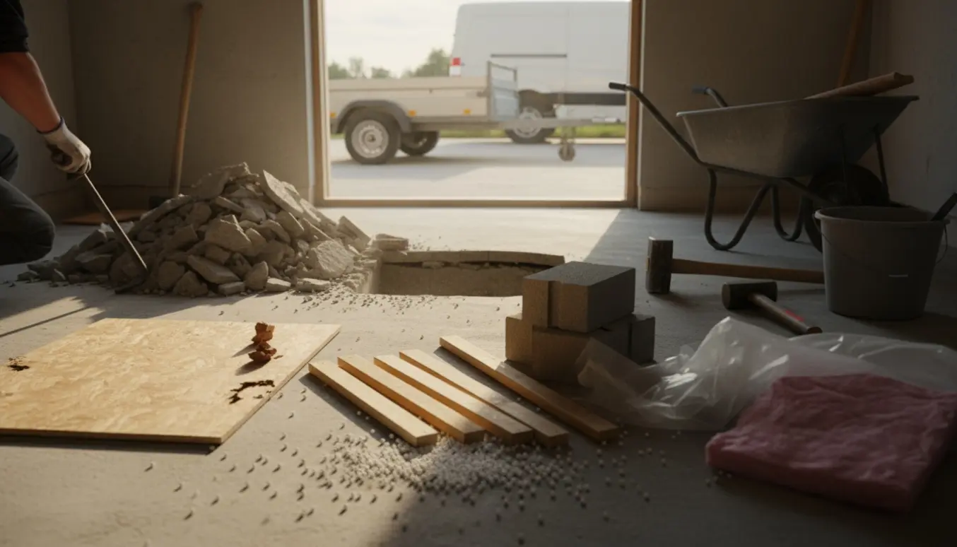 Delvist nedbrudt krybekælder med opbrudt gulv, isolering, flamingokugler og værktøj klar til bortkørsel.