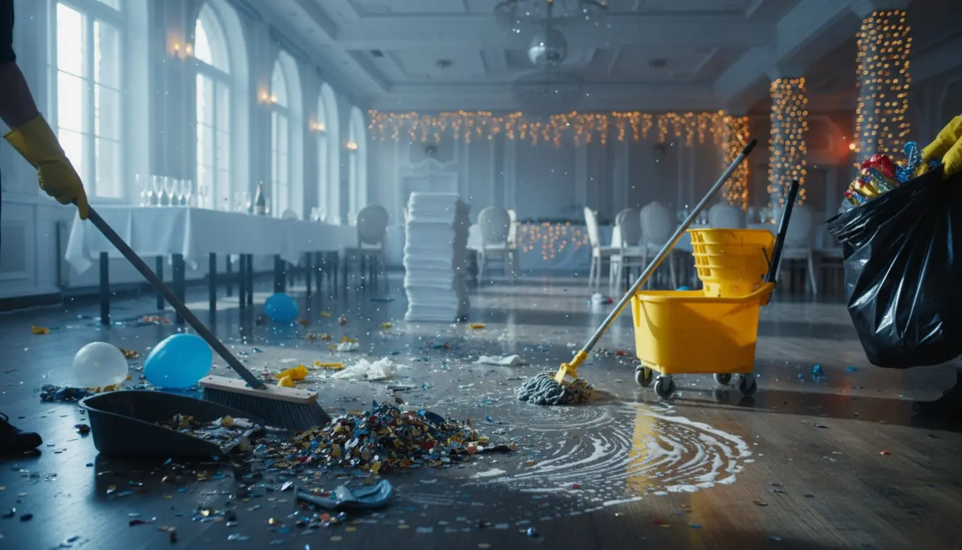 Rengøringsperson i handsker fejer konfetti og mopper gulvet i et tomt festlokale efter nytår.