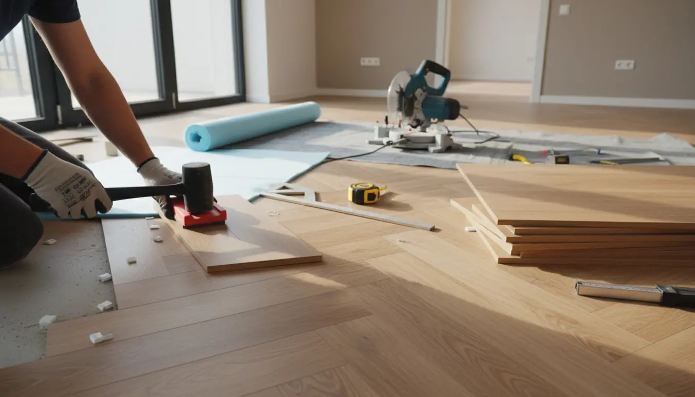 Sildebenslaminat bliver lagt i en lys lejlighed med værktøj og plankestabler.