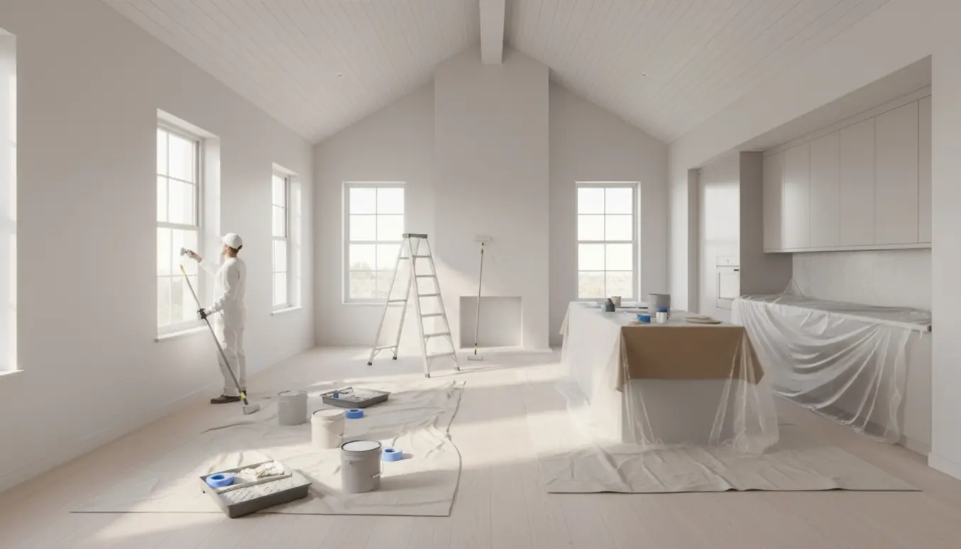 Åben stue og køkken med loft til kip under maling, hvide vægge og køkkenskabe med højere glans.