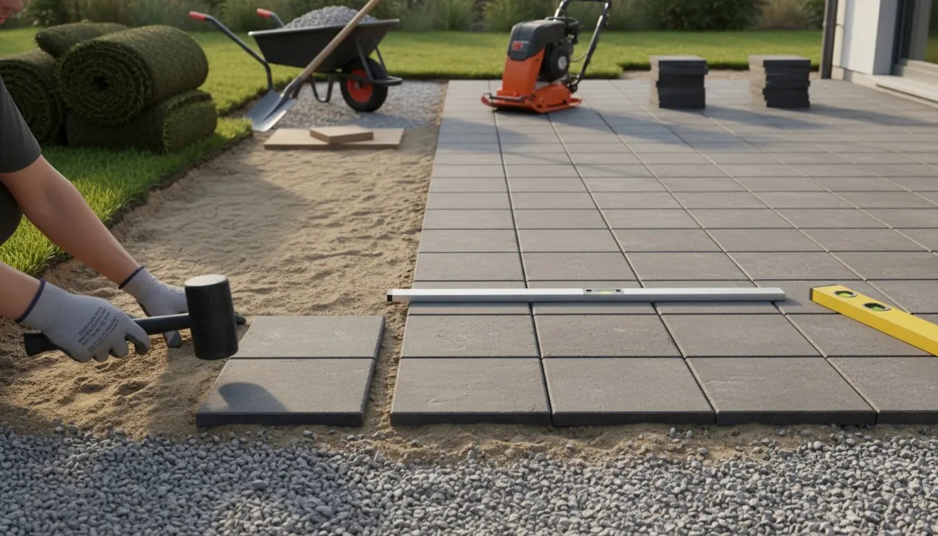 Håndværker lægger 30x30 cm fliser på forberedt grus til en 50 m² terrasse med rullegræs og værktøj i baggrunden.