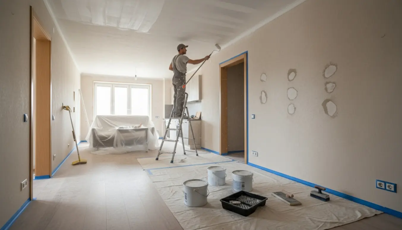 Tom 65 m² lejlighed under istandsættelse med stige, malerulle, spartelmasse og afdækket møblement.
