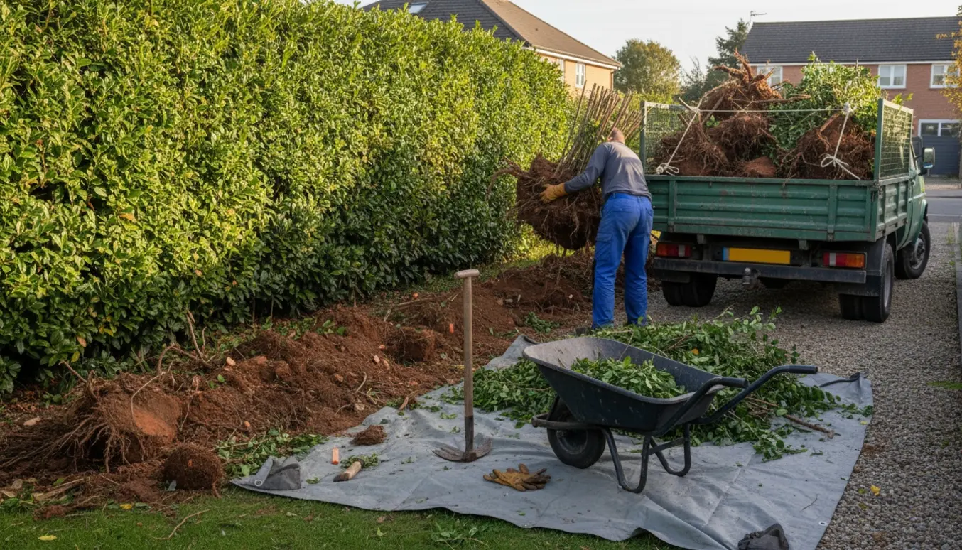 Opgravning og bortskaffelse af ligusterhæk ved en havekant med værktøj og trailer.