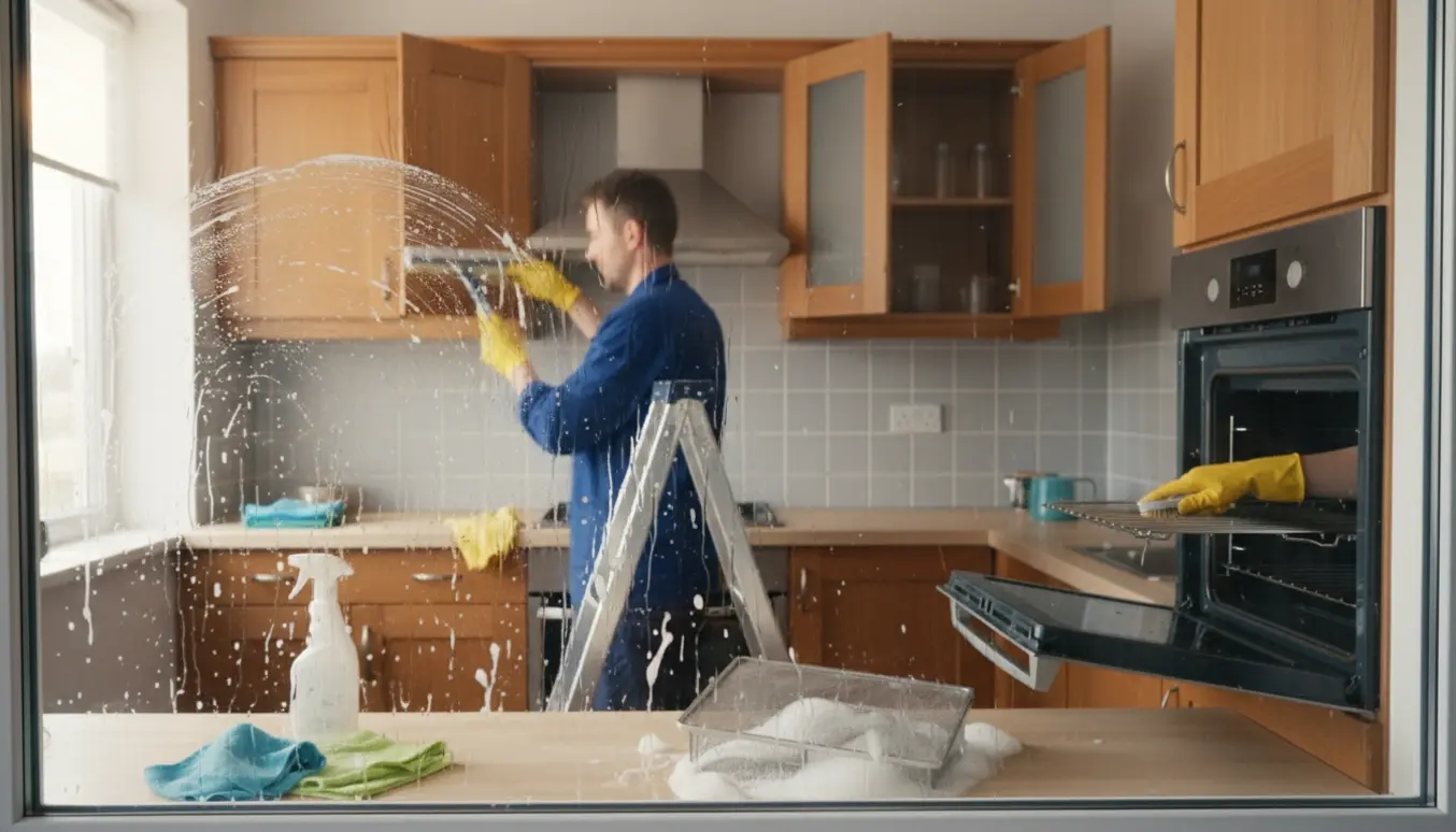 Person vasker udvendigt køkkenvindue med squeegee, mens et åbent ovnrum, afmonteret emhættesfilter og rengøringsmidler ses i køkkenet.