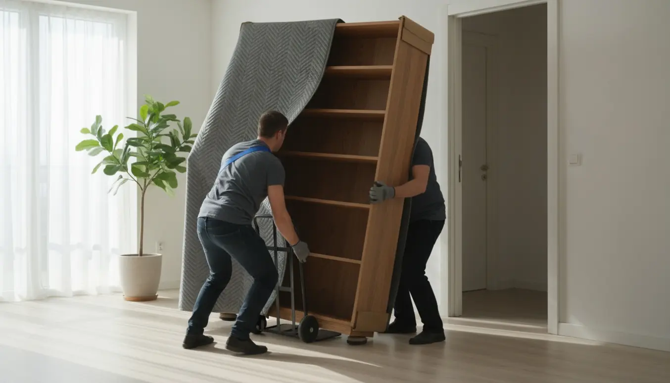 To personer flytter en stor reol gennem en døråbning, dækket af flyttetæpper og beskyttelse, ansigter ikke synlige.