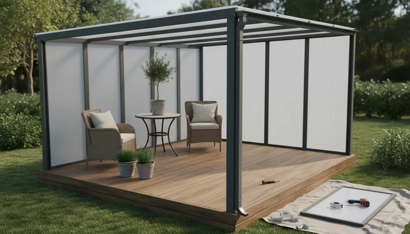 Overdækket træterrasse med termotag og aluminiumsramme, hyggelig siddeplads og værktøj fra nylig montage.