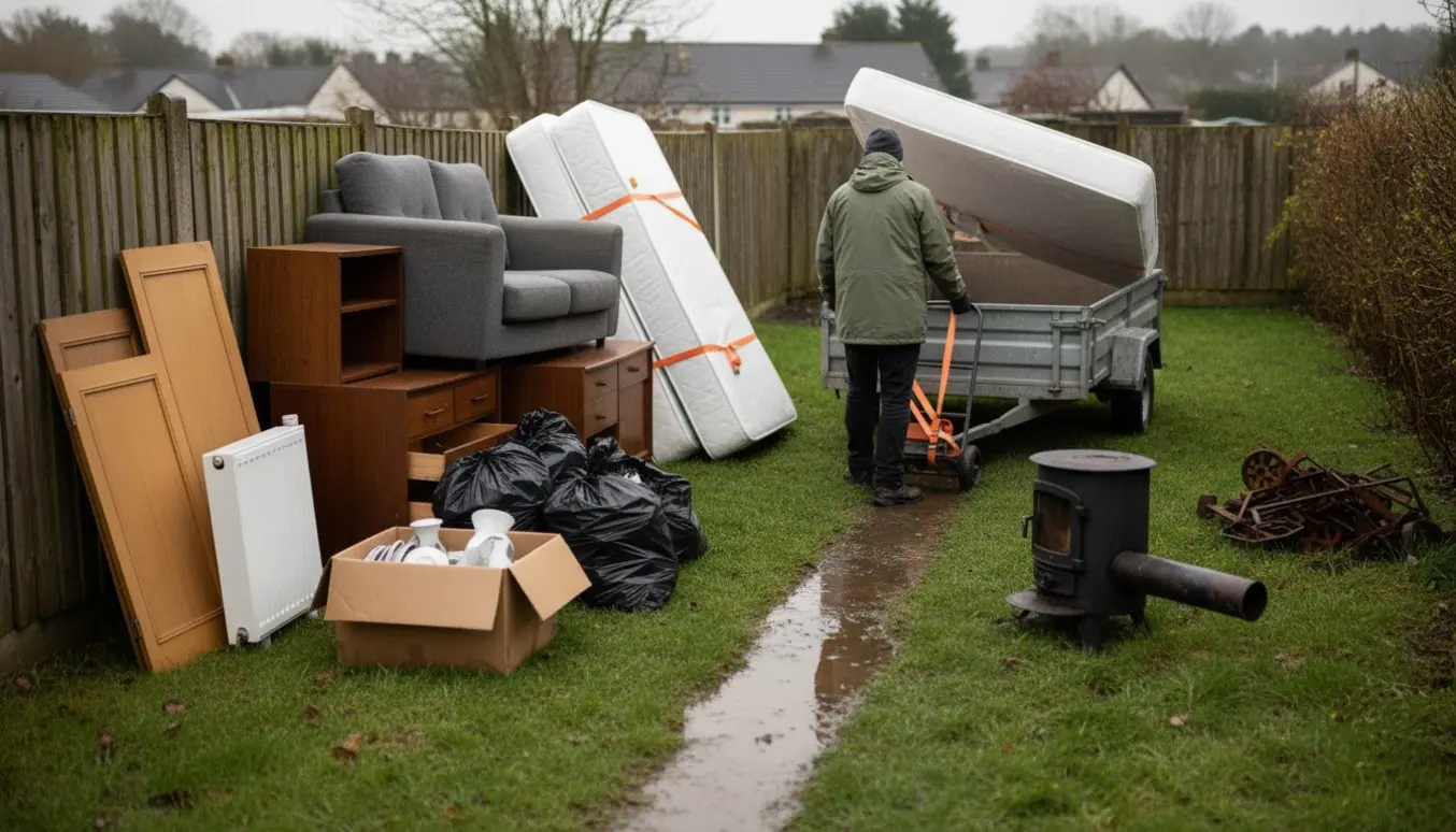 Våd baghave med madrasser, møbler, poser med affald og en trailer klar til at blive læsset.