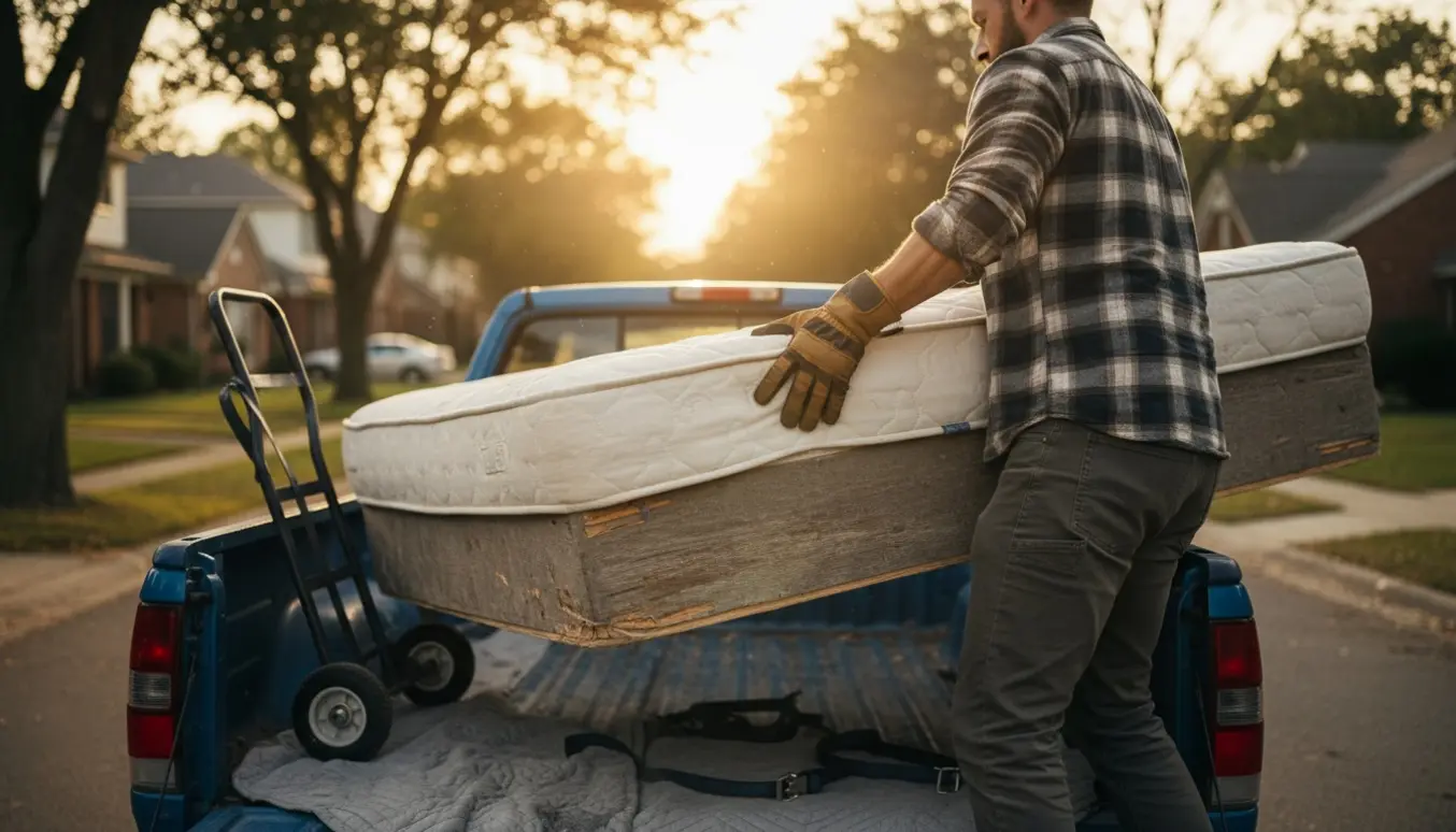 En person læsser en enkel boxmadras ind i en lille varebil på en rolig gade ved gyldent lys.
