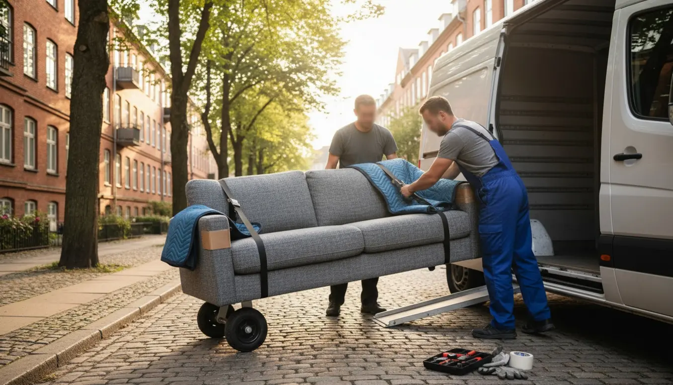 Flyttefolk læsser en sofa ind i en flyttevogn på en træfyldt gade i Frederiksberg.