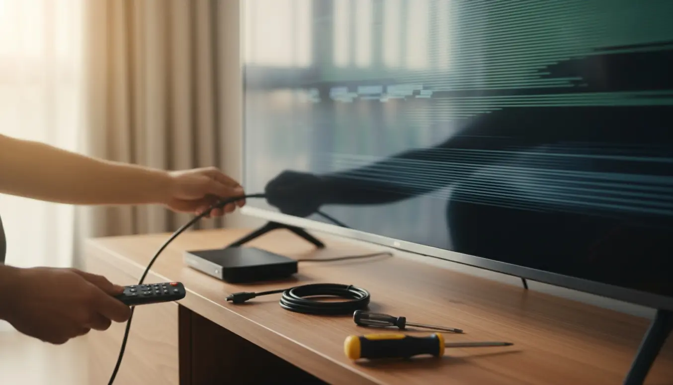 Hænder tilslutter antennekabel til et flimrende fjernsyn i en lys stue.