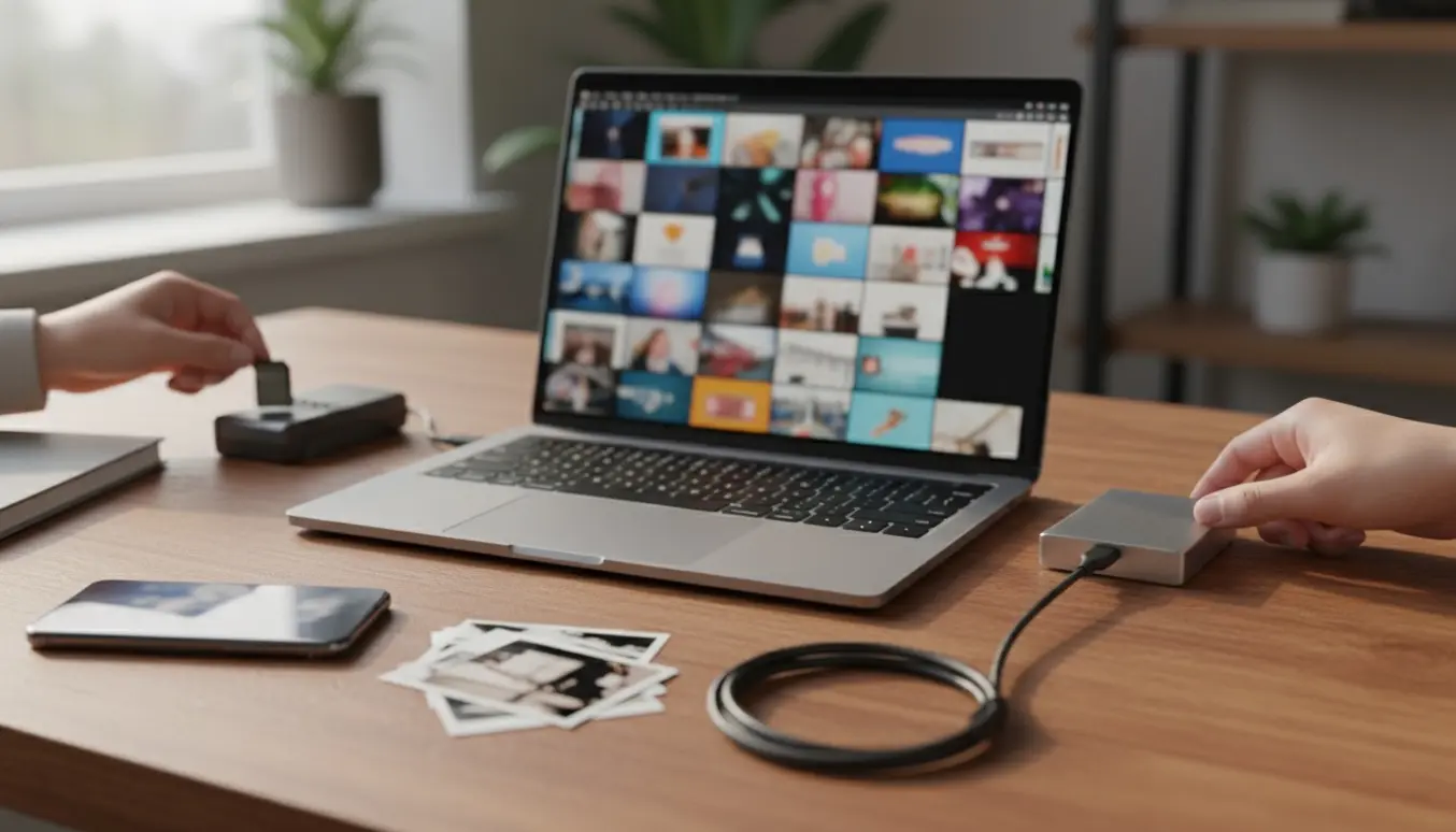En person overfører fotos fra en bærbar til en ekstern harddisk på et lyst, ryddeligt skrivebord.