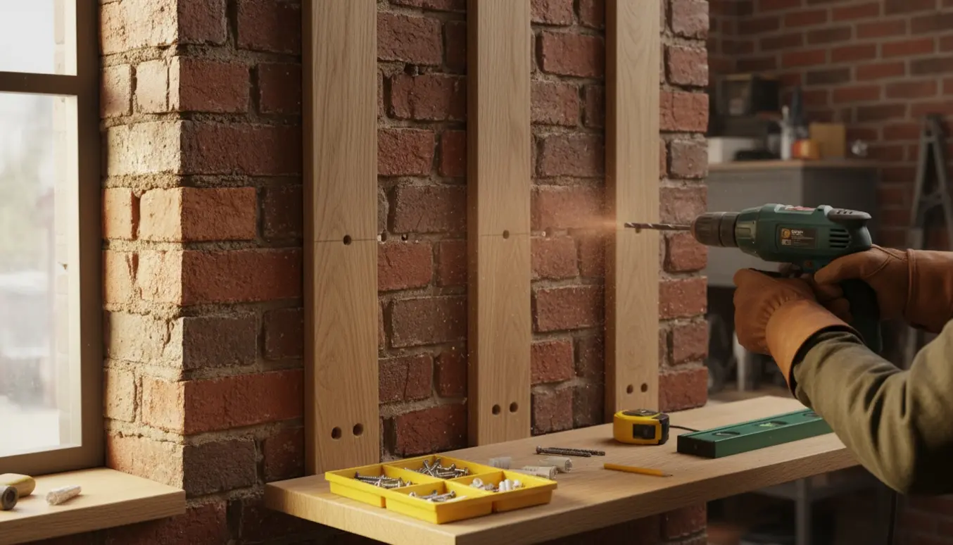 Delvist monteret to-fags vægreol mod murstensvæg med bor, rawlplugs og skruer klar.