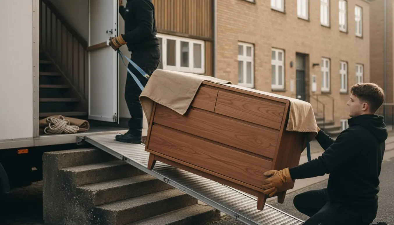 En indpakket kommode bæres ud af en varebil og op ad en trappe mod en lejlighed, uden tydelige ansigter.