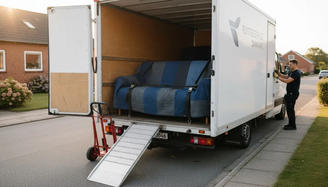 Åben varebil med en 3- og 2-personers sofa indpakket i flyttetæpper klar til transport på en stille villavej.