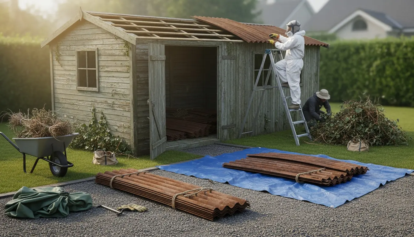 Arbejdere i beskyttelsesdragter fjerner tagplader fra et lille skur og stabler dem i indkørslen klar til afhentning.