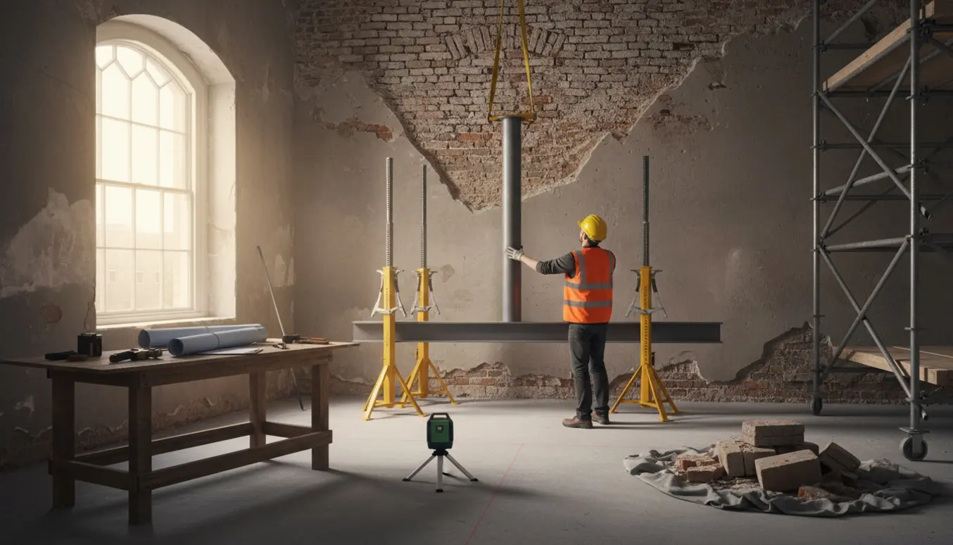 Indvendig renovering hvor en gammel skorsten er fjernet og en ny stålsøjle sættes på plads under lejlighederne ovenpå.