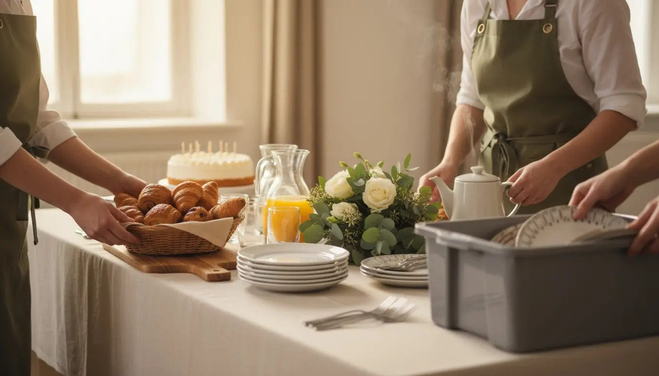 Hænder serverer brunchretter og rydder tallerkener i et lyst og hyggeligt festlokale.