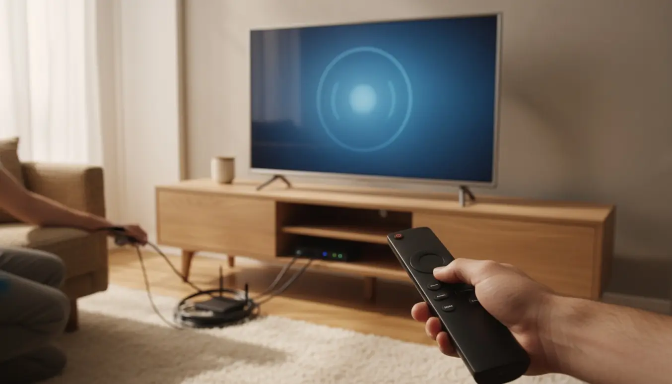 Hænder med fjernbetjening og en person, der justerer kabel bag et moderne tv under kanalsøgning.