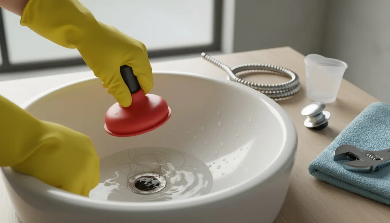 Hænder i gummihandsker bruger en sugekop på en håndvask med stillestående vand og hår omkring afløbet.