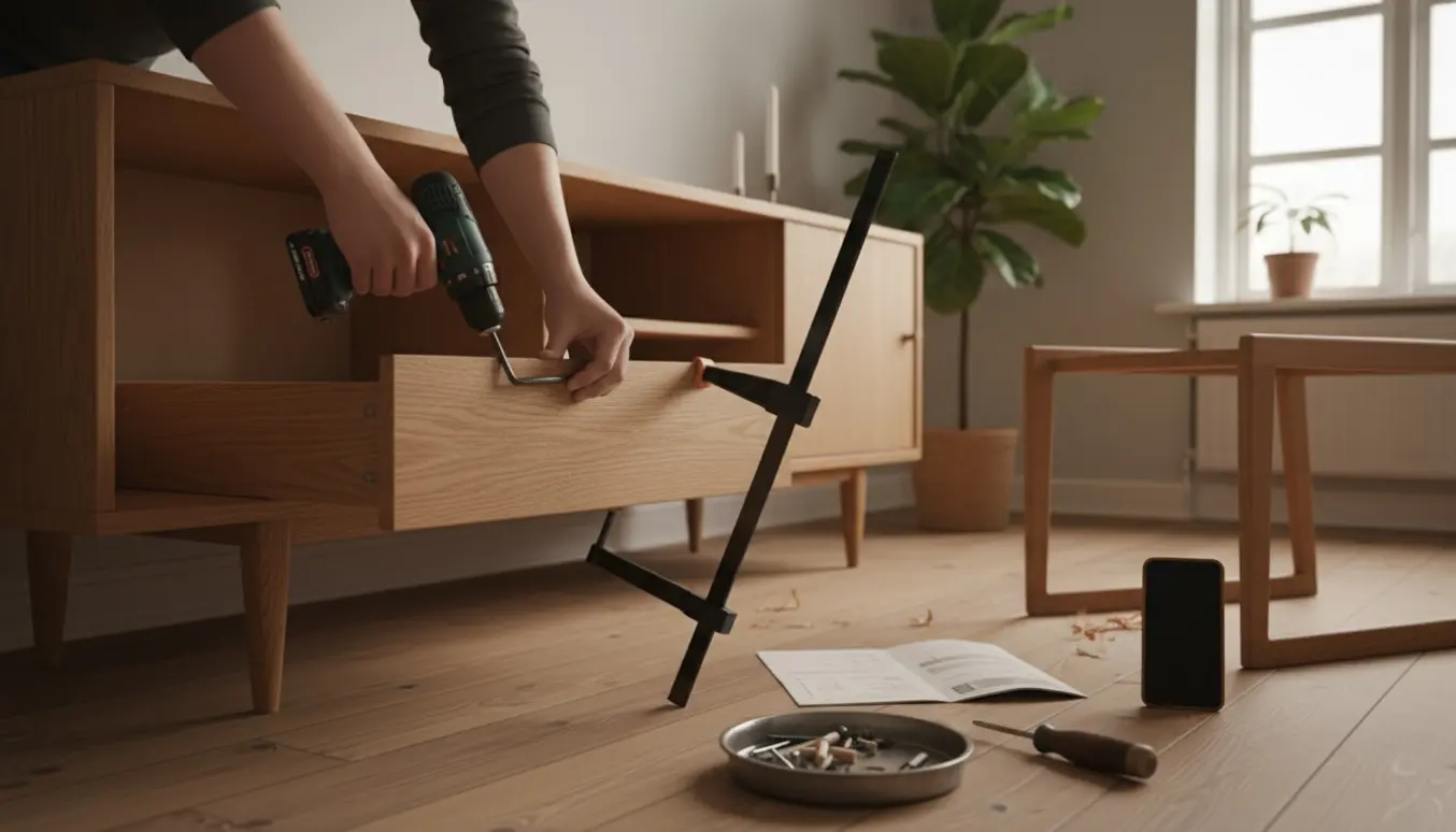 Nærbillede af hænder, der samler og reparerer et egetræsmøbel i et lyst, skandinavisk rum på Sjælland.