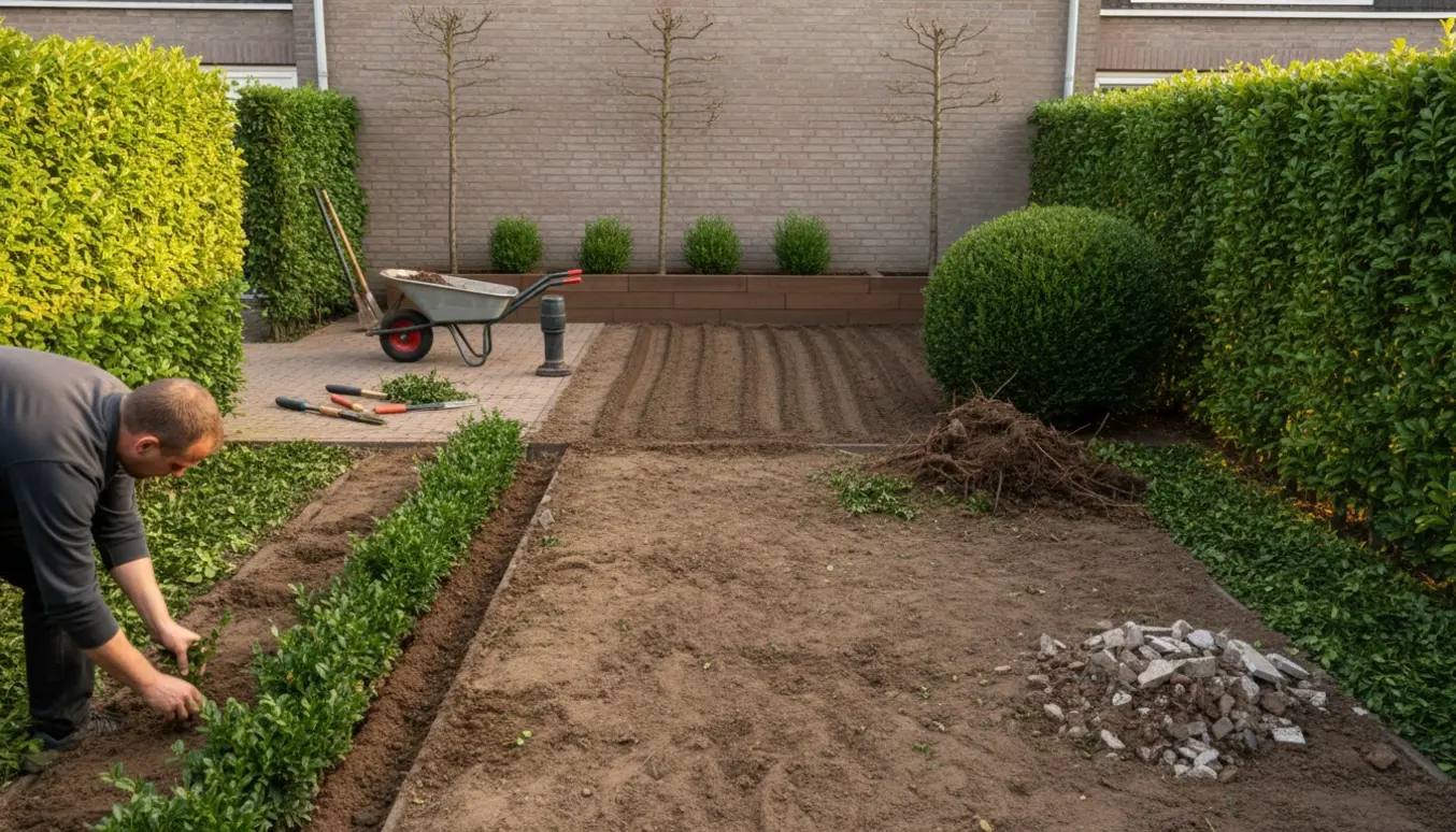 Forhave ved rækkehus under haveredning med nyplantet liguster, fræset plæne og beskårede buske.