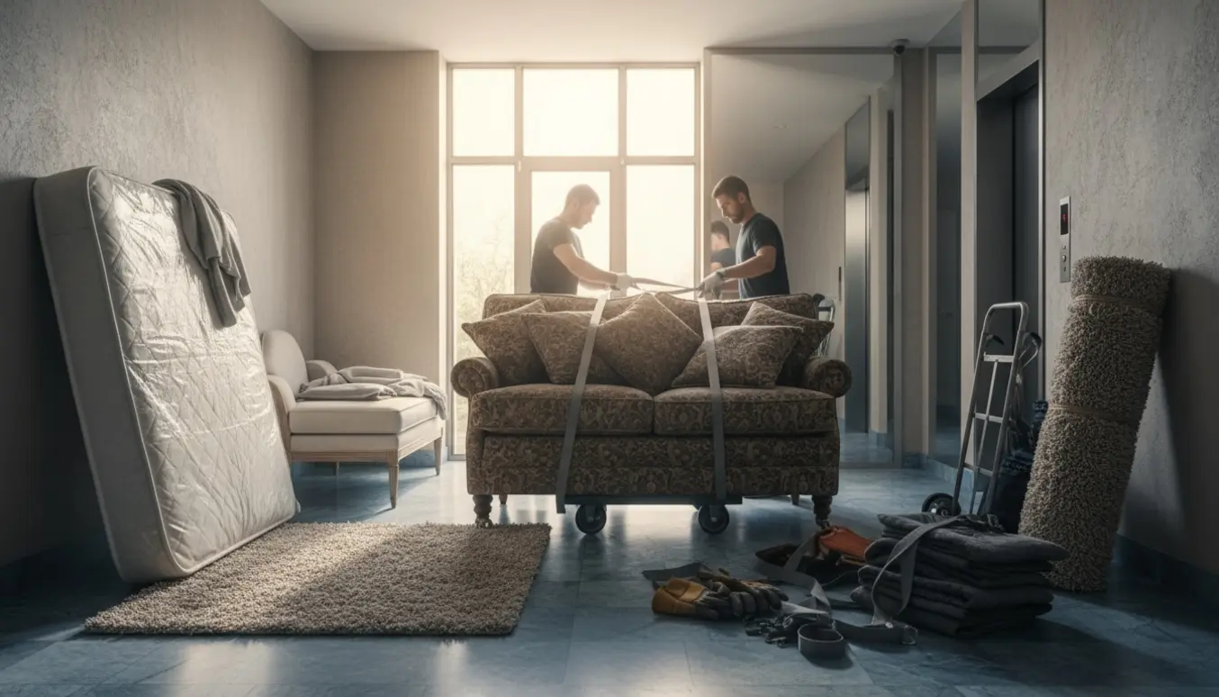 Gammelt møblement og flytteudstyr i opgang ved elevator klar til skrot.