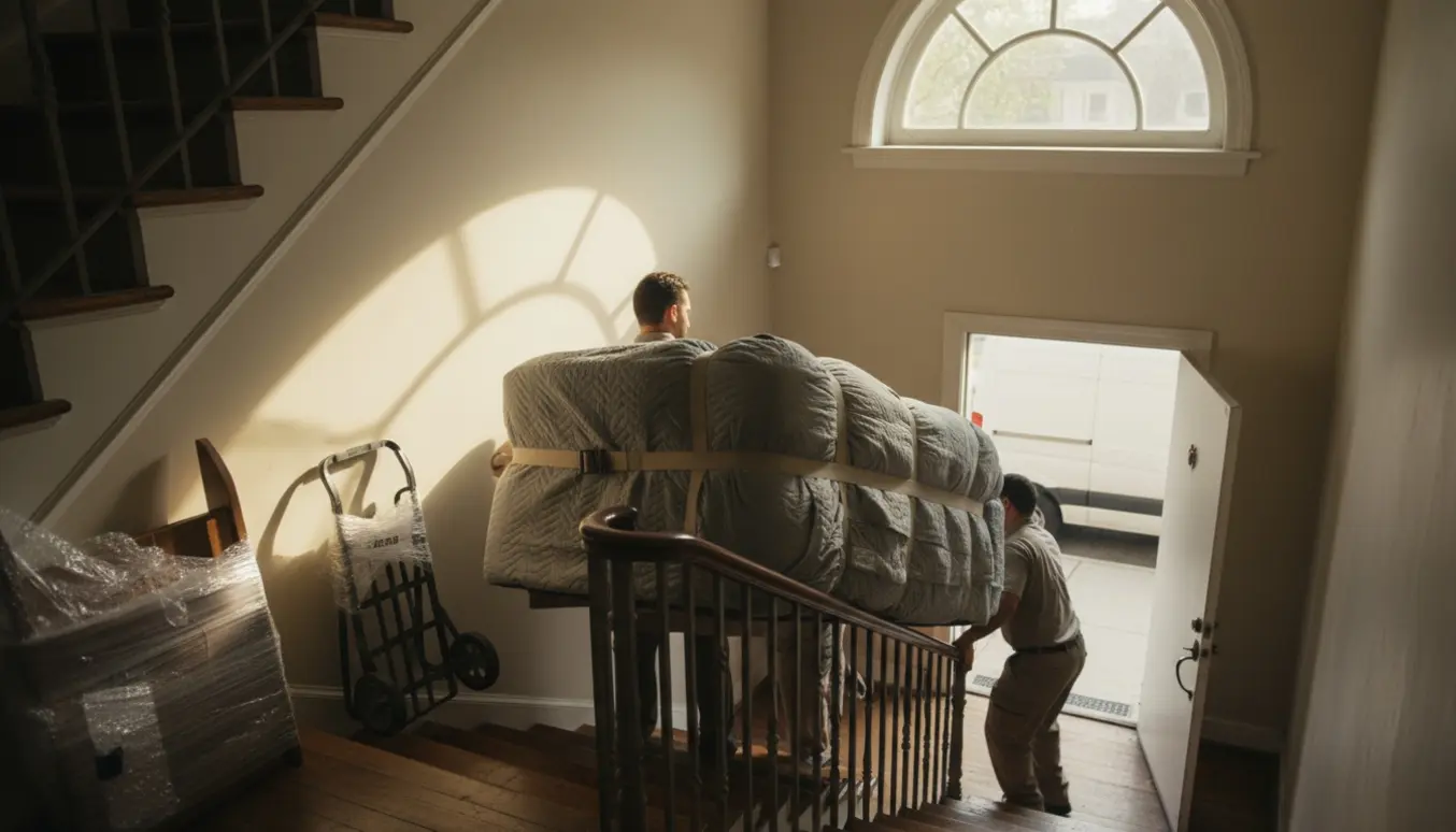 Flyttefolk bærer en sofa ned ad en lejlighedstrappe mod en åben dør og varevogn, uden tydelige ansigter.