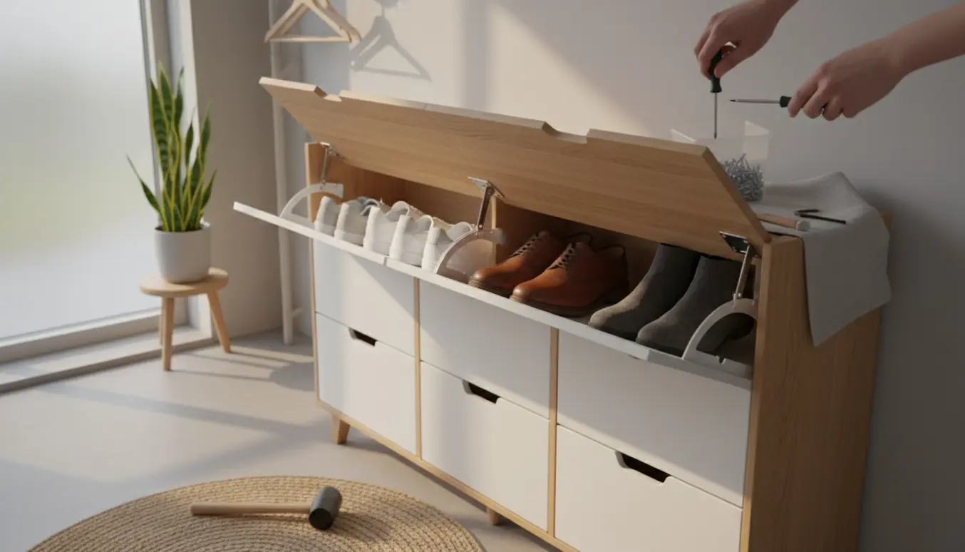 Lyst skoskab i skandinavisk stil med tre låg i en moderne entré, hænder monterer en hængsel.