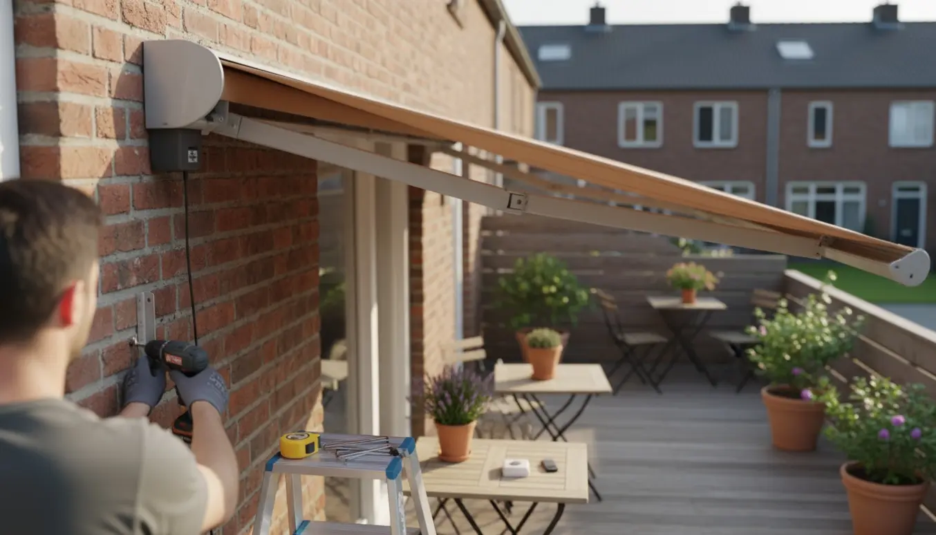 Elektriker monterer elektrisk markise over terrasse på rækkehus med værktøj og beslag synlige.