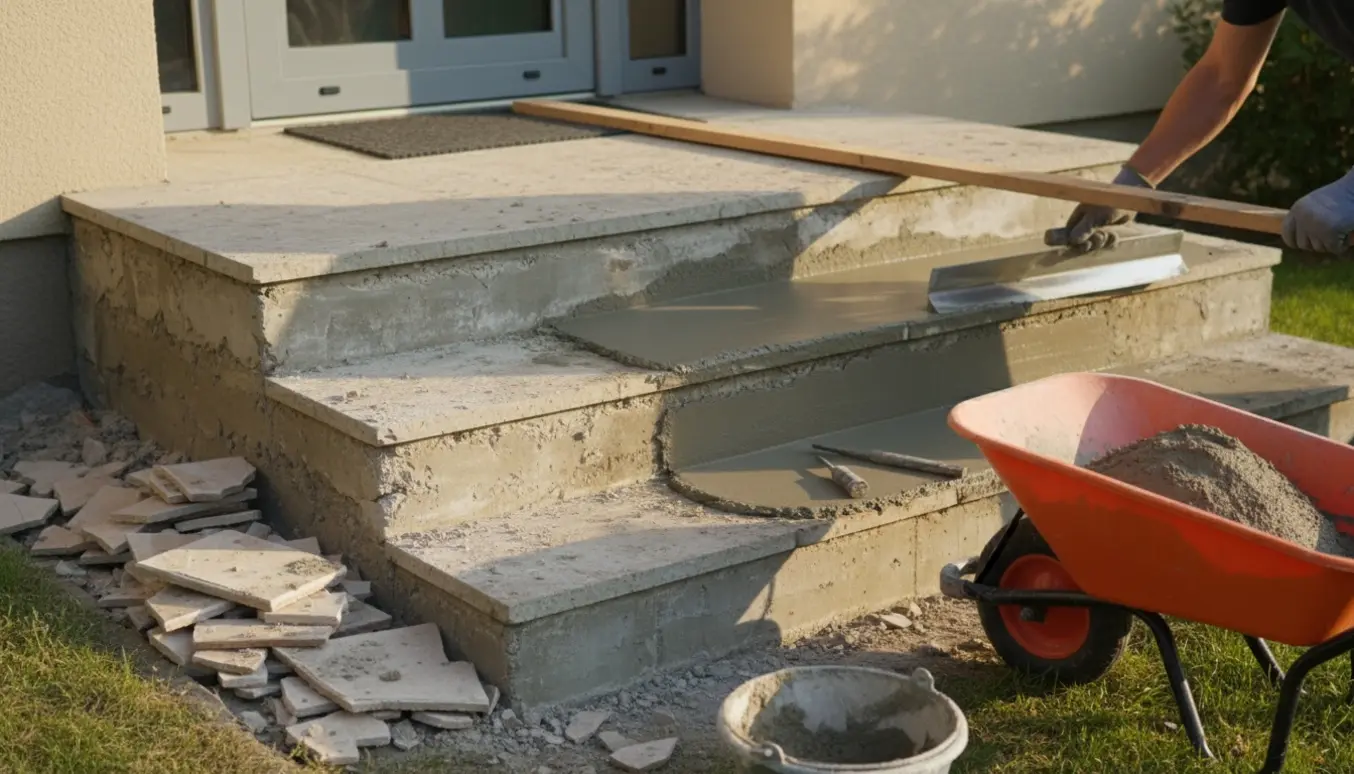 Hovedindgangstrappe med fjernede fliser og håndværktøj, mens frisk beton glattes ud på trinene.