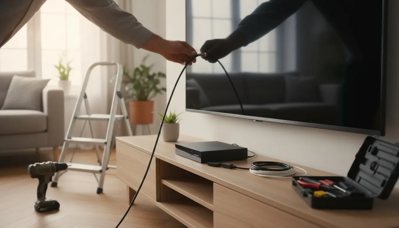 Nærbillede af hænder, der tilslutter coax-kabel til et vægmonteret fladskærms-tv med set-top-boks og værktøj i en lys stue.