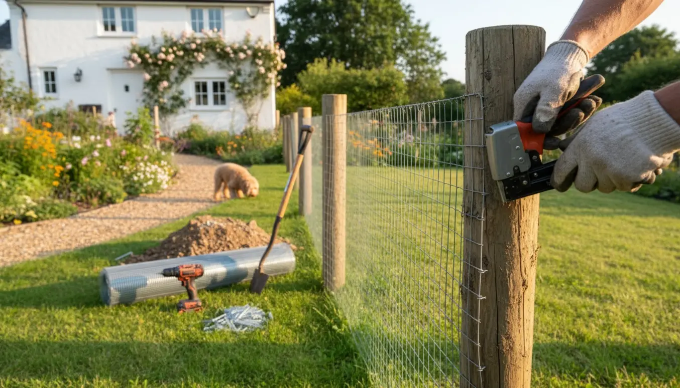 Hænder fastgør fintmasket trådhegn til eksisterende træstolper i en sommerhushave med værktøj og en hund i baggrunden.