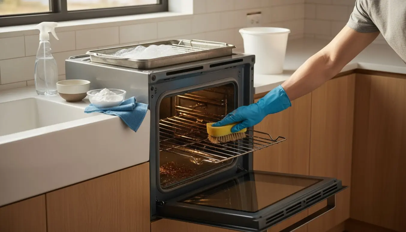 Åben ovn med en person i gummihandsker, der skrubber ovnens indre og en rist i blød på køkkenbordet.