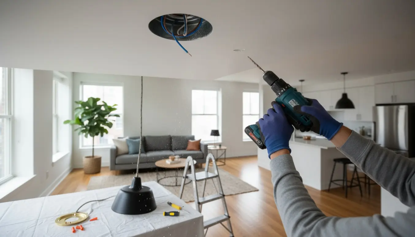 Hænder, der borer i loftet og tilslutter ledninger for at montere en loftlampe med værktøj og åbent stue-køkken i baggrunden.